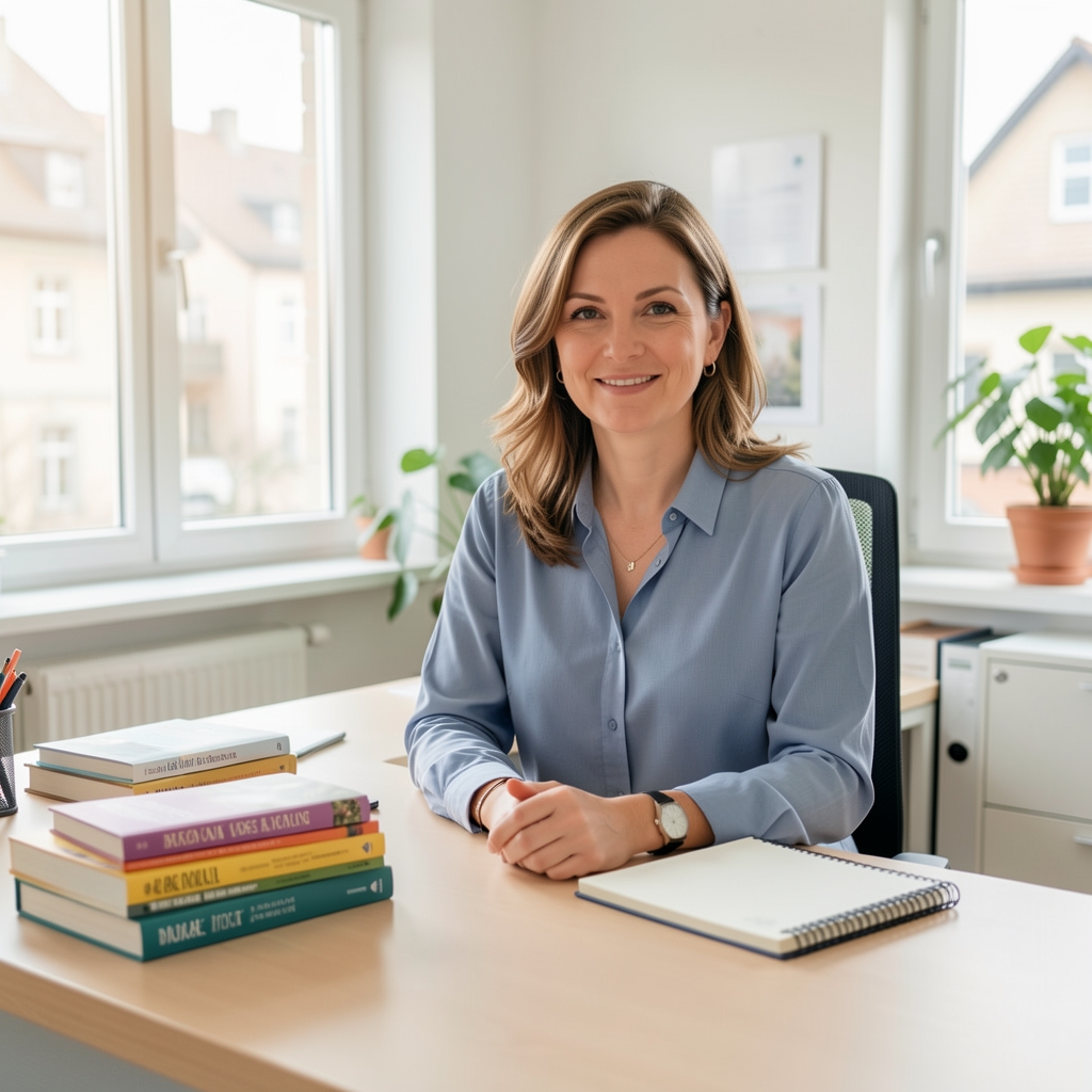 Ernährungsfachperson am Schreibtisch in einem hellen Züricher Büro mit Notizblock und Saisonkalender für gesunde Mahlzeitenplanung