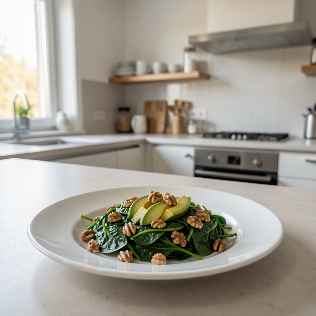Frischer Salat mit Spinat, Walnüssen und Avocado auf einem weissen Teller in einer modernen Schweizer Küche