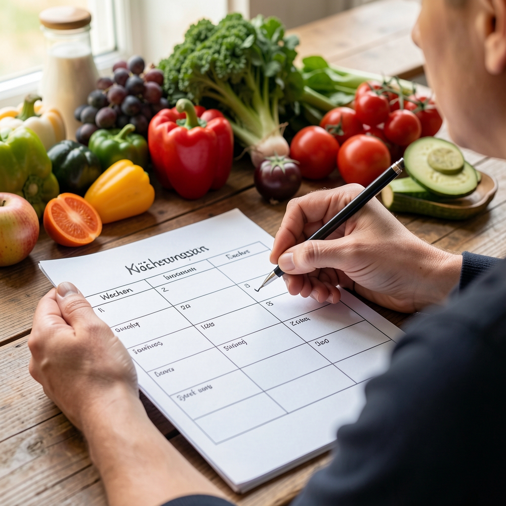 Person die einen handgeschriebenen Ernährungsplan auf Papier notiert, Wochenübersicht mit frischen Zutaten im Hintergrund