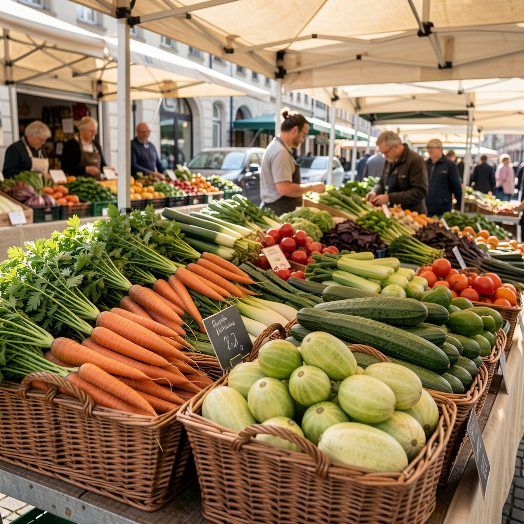 Frischer Schweizer Marktstand mit saisonalem Gemüse, Karotten und Zucchetti in Körben unter Tageslicht